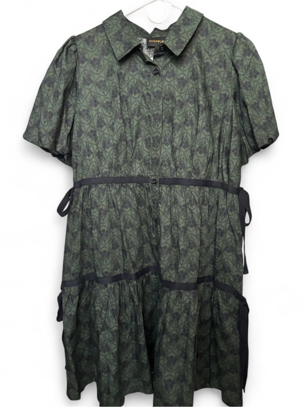 Sugarlips Olive Green Printed Button-Up Babydoll Shirt Dress Sz S